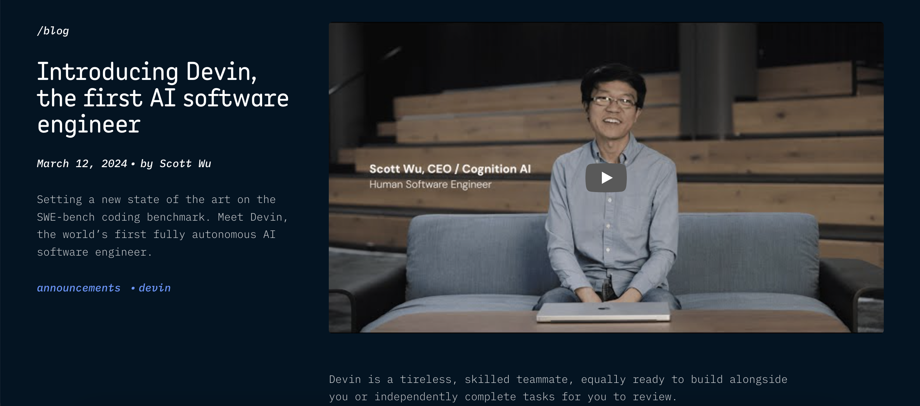 Screenshot of the Devin AI website home page