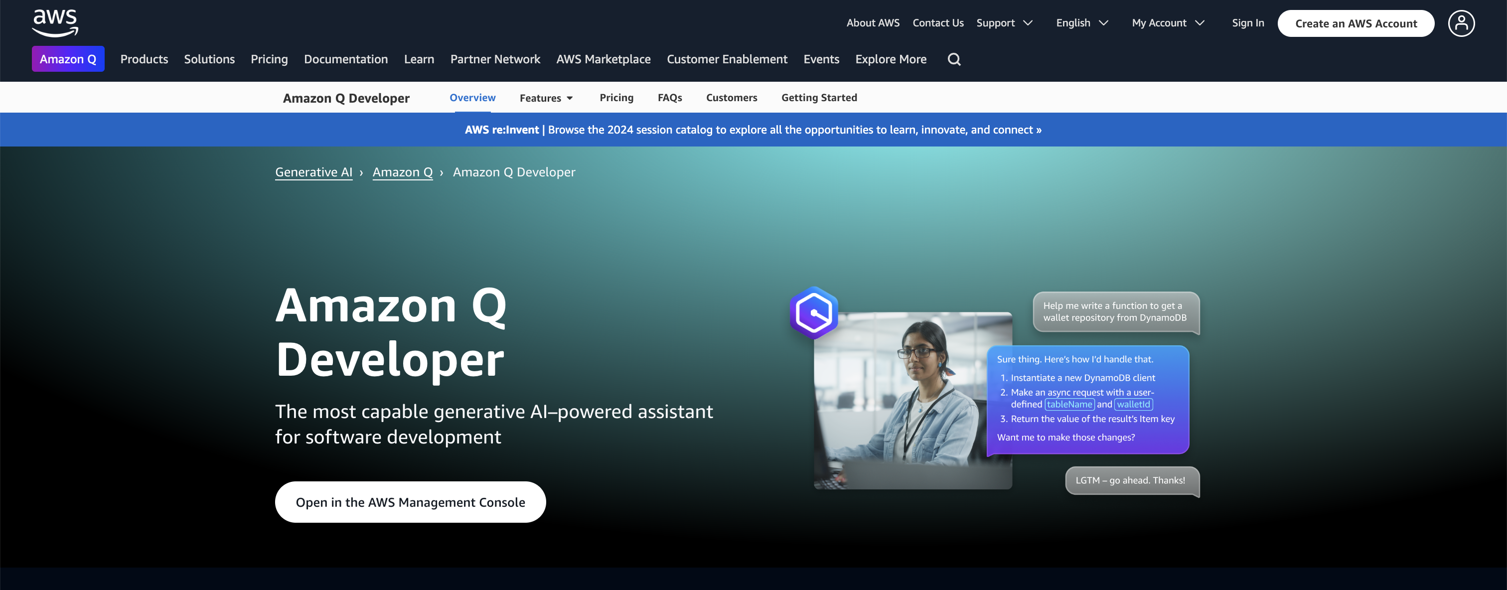 Screenshot of the Amazon Q Developer website home page