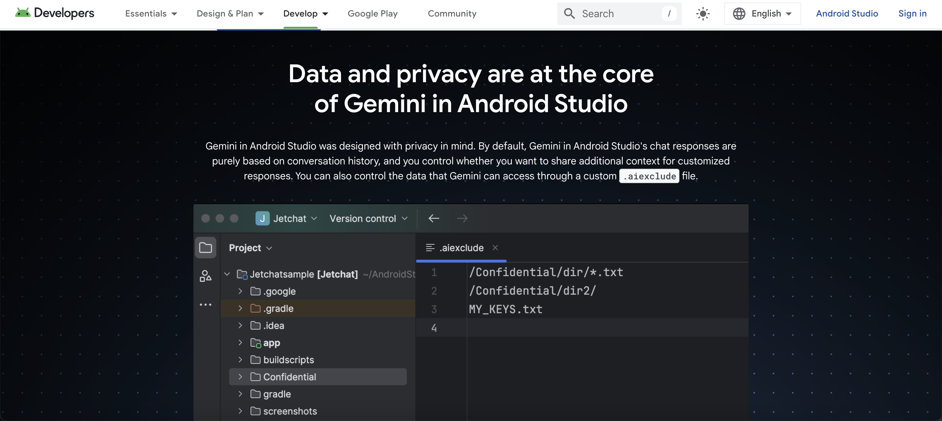 Screenshot of the Gemini for Android Studio website home page